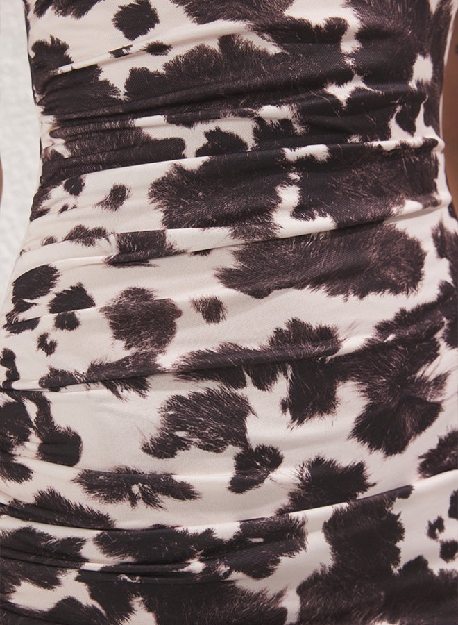 trendyol Dark Brown Cow Printed Maxi Zero Sleeve Draped Bodycone Stretch Knit Dress - Image 3