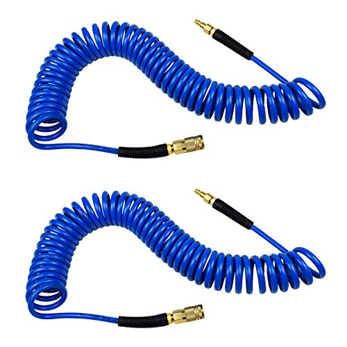 YOTOO 2 Pack Polyurethane Recoil Air Hose, Air Compressor Hose 1/4" Inner Diameter by 25' Long with Bend Restrictor, 1/4" Industrial Quick Coupler and Plug, Blue - Image 1