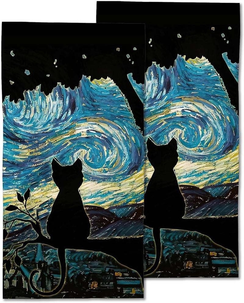 CXULIN 2 Pack Hand Towels for Bath,Black Cat Starry Night Decorative Towels Highly Absorbent Soft Towels for Bathroom Beach Kitchen Spa Gym Face Towel 14x28 Inch - Image 1