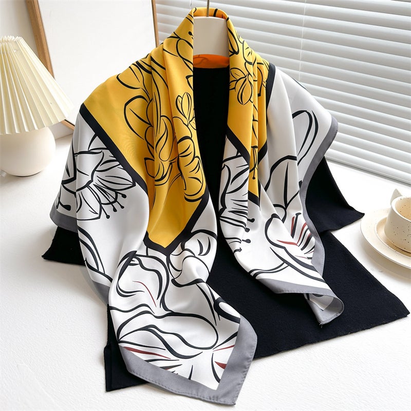 New Vintage Printed Artistic Silk Scarf 90cm Twill Scarf Lotus Fashion Large Square Scarf Sunscreen Shawl Hood - Image 5