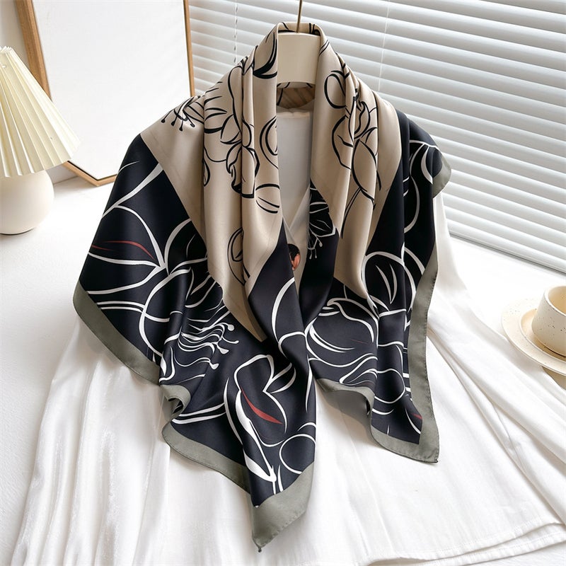 New Vintage Printed Artistic Silk Scarf 90cm Twill Scarf Lotus Fashion Large Square Scarf Sunscreen Shawl Hood - Image 1