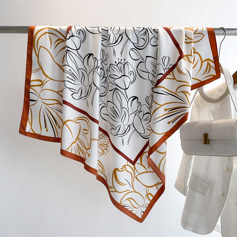 New Vintage Printed Artistic Silk Scarf 90cm Twill Scarf Lotus Fashion Large Square Scarf Sunscreen Shawl Hood - Image 3
