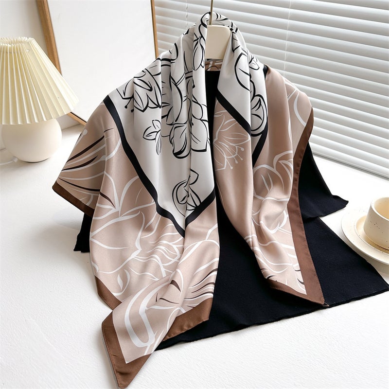 New Vintage Printed Artistic Silk Scarf 90cm Twill Scarf Lotus Fashion Large Square Scarf Sunscreen Shawl Hood - Image 2