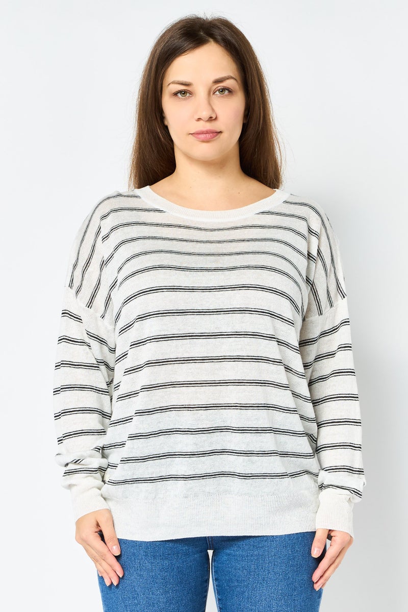 LACOSTE Women Crew Neck Stripe Long Sleeve Sweater, Multicolor - Image 1