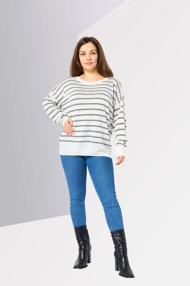 LACOSTE Women Crew Neck Stripe Long Sleeve Sweater, Multicolor - Image 2
