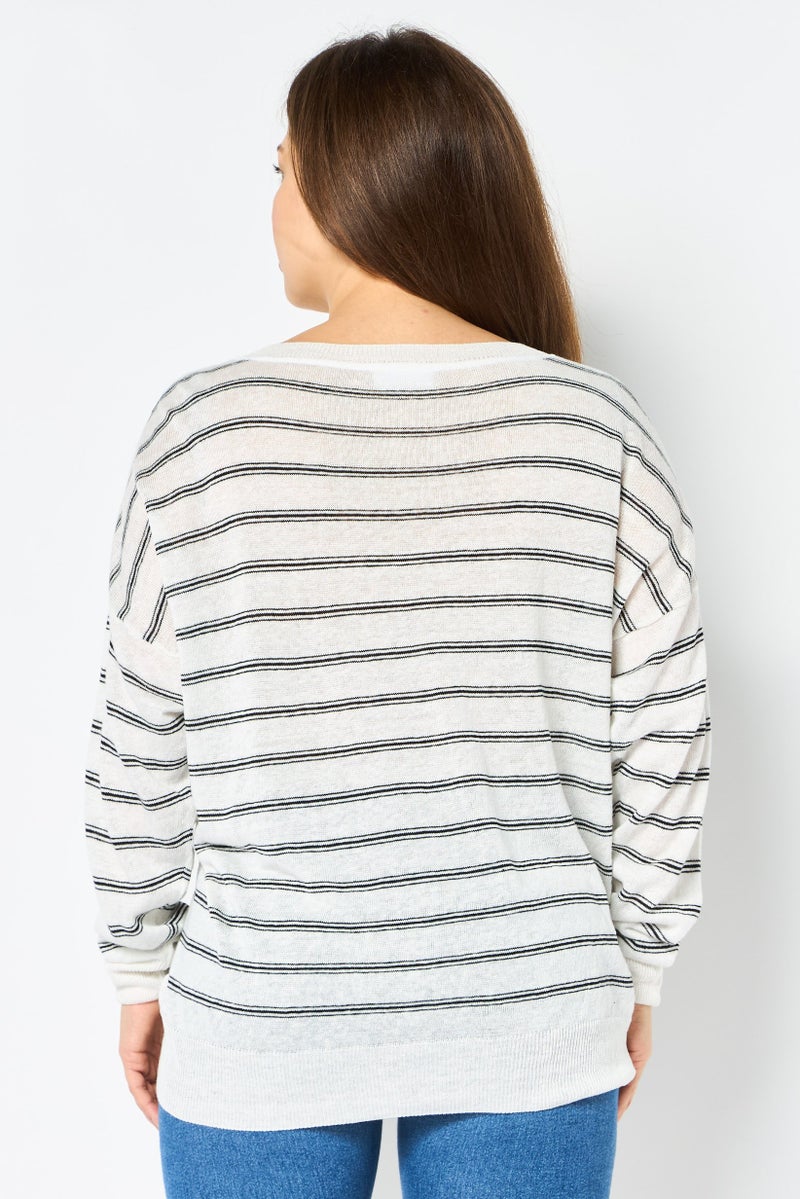 LACOSTE Women Crew Neck Stripe Long Sleeve Sweater, Multicolor - Image 3