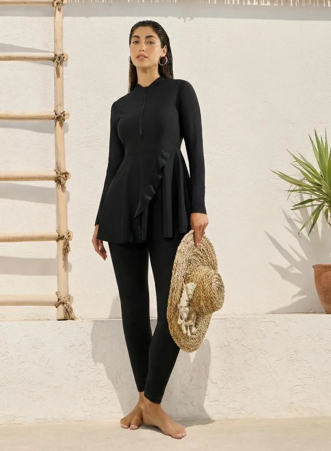 Styli Black Pack of 2 - Full Sleeve Half Zip Tunic with Ruffle Detail and Leggings Burkini Set for Women | Best Price UAE