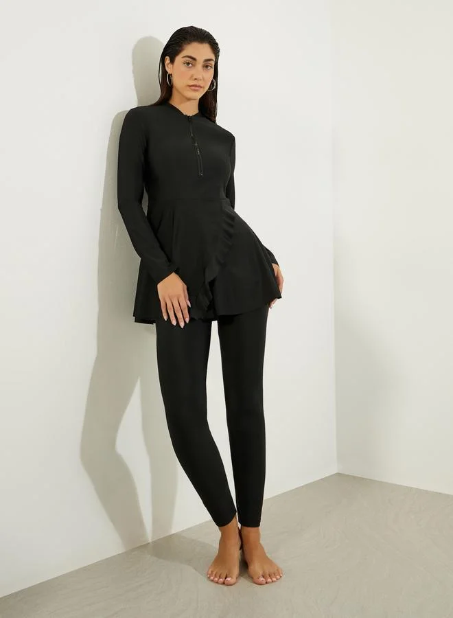 Styli Black Pack of 2 - Full Sleeve Half Zip Tunic with Ruffle Detail and Leggings Burkini Set for Women | Best Price UAE