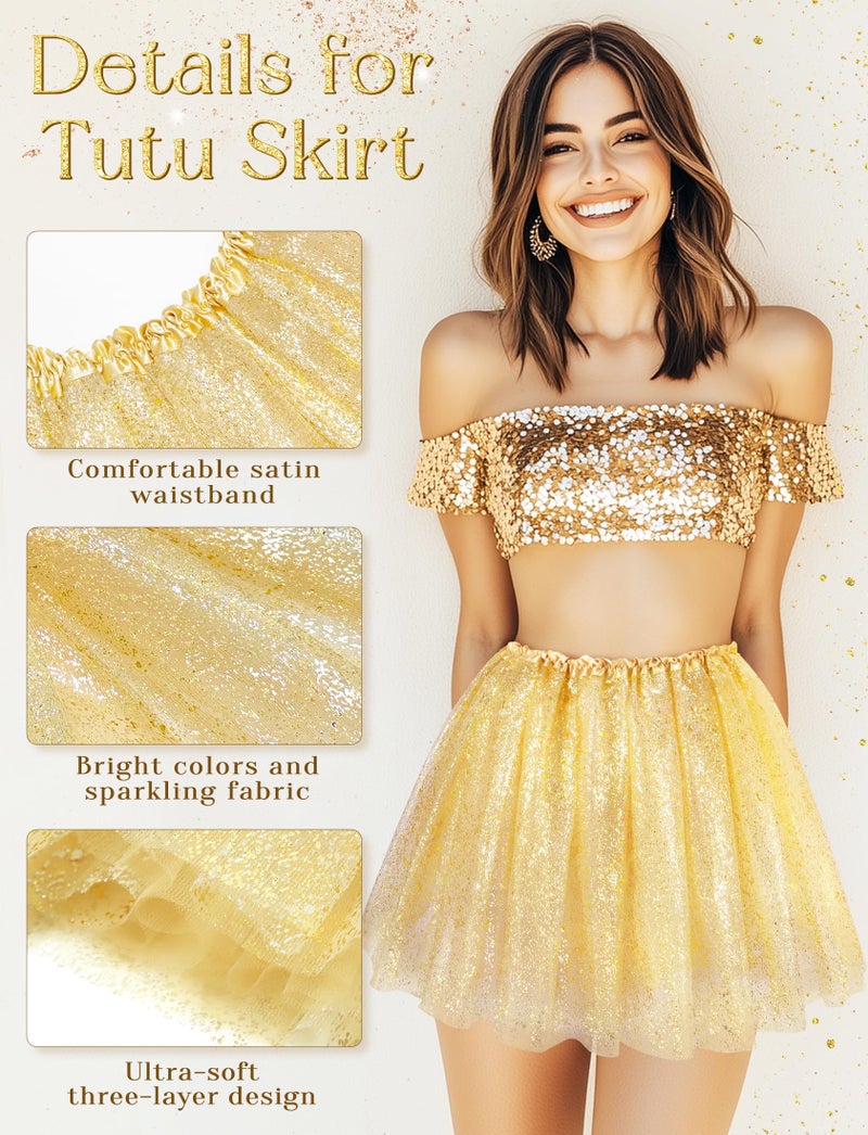 VEKDA 3 Layers Tutus for Women Adult, Classic Elastic Tulle Tutu Skirts Gold or Silver Foil Printed Tutu for Halloween Party Running Gold - Image 2