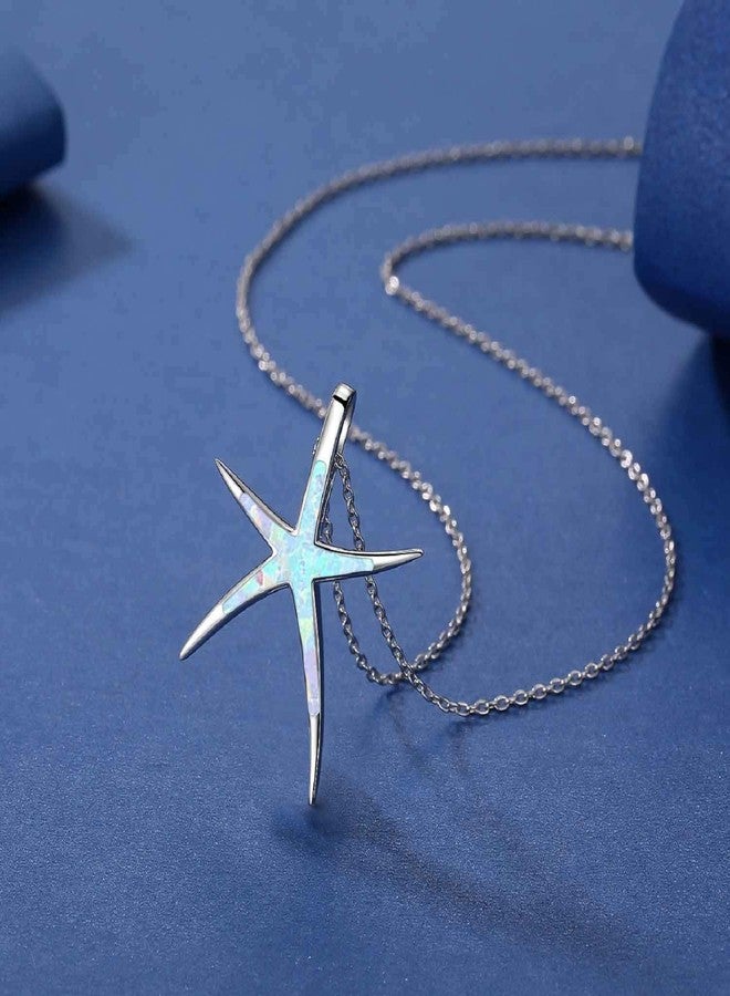 Cuoka Starfish Necklace, 925 Sterling Silver with Opal, Hawaiian Beach Nautical Ocean Pendant, Starfish Jewelry Opal Jewelry Valentine for Women Girlfriend, Metal, Opal - Image 4