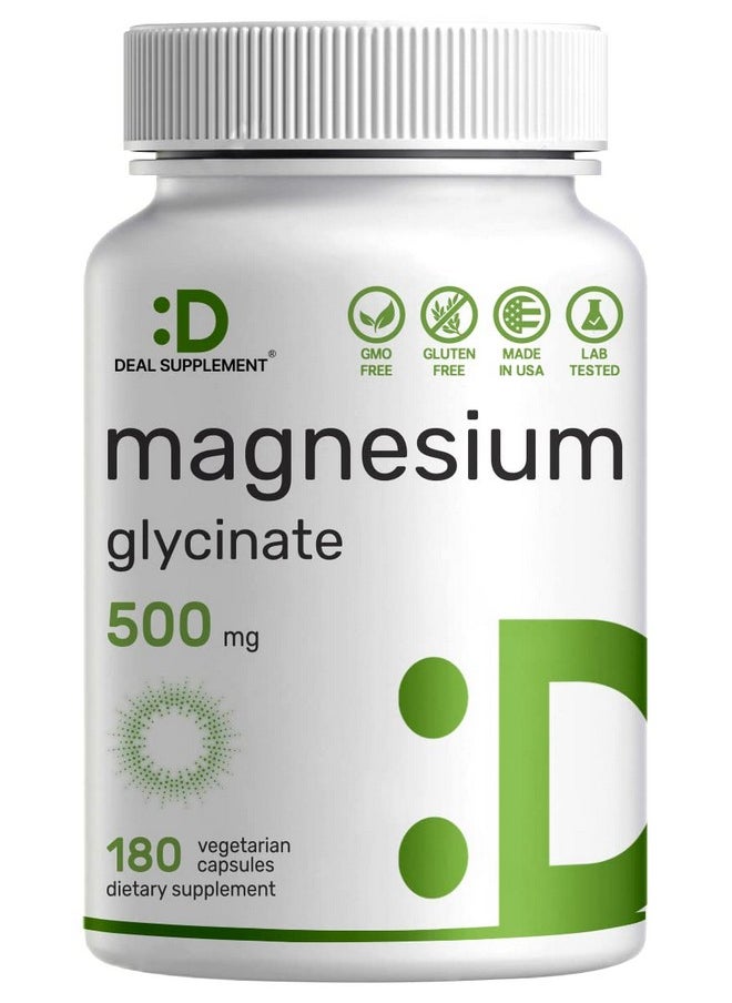 DEAL SUPPLEMENT - Magnesium Glycinate 500Mg 180 Veggie Capsules ; Chelated For Easy Absorption ; Highly Purified Essential Trace Mineral For Muscle Joint Heart & Digestive Health - Image 1
