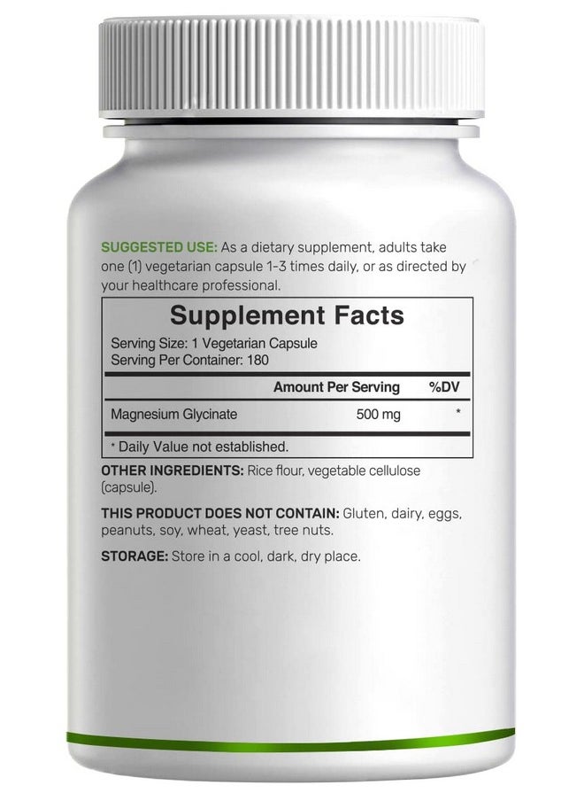 DEAL SUPPLEMENT - Magnesium Glycinate 500Mg 180 Veggie Capsules ; Chelated For Easy Absorption ; Highly Purified Essential Trace Mineral For Muscle Joint Heart & Digestive Health - Image 1