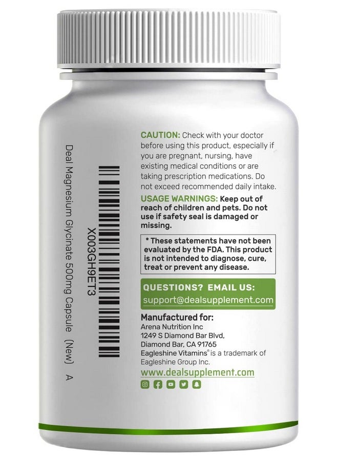 DEAL SUPPLEMENT - Magnesium Glycinate 500Mg 180 Veggie Capsules ; Chelated For Easy Absorption ; Highly Purified Essential Trace Mineral For Muscle Joint Heart & Digestive Health - Image 1