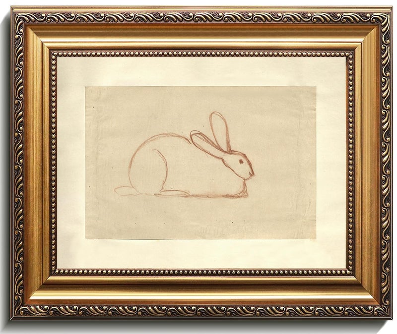 uniro Vintage Gold Framed Wall Art, Neutral Easter Bunny Sketch Canvas Art Prints Painting, Anquite Rabbit Drawing Picture Wall Decor, Rustic Animal Nursery Frame Art for Bedroom, Gallary, Living Room, Office, Cottagecore decor - 9x12Inch - Image 1
