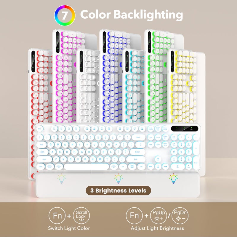 SABLUTE Wireless Keyboard and Mouse Combo, Backlit Round Keycaps, Retro Typewriter Keyboard with Detachable Wrist Rest, Rechargeable & Tilt Legs, 2.4GHz Cordless Connection for Windows/PC (Glowing White) - Image 2