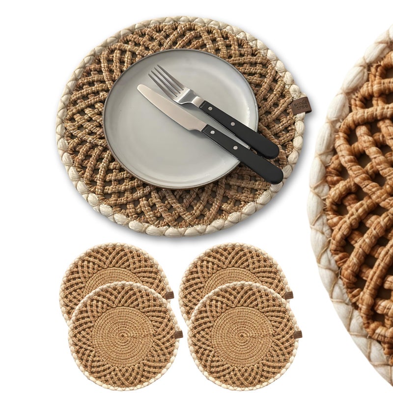 Lemon Tree Round Woven Placemats Set of 4, Braided Natural Table Mats for Dining Table Decor, Waterproof, Handmade, Easy to Clean, Perfect Fall Placemats for Thanksgiving, Christmas & Everyday Use 14.2IN - Image 1