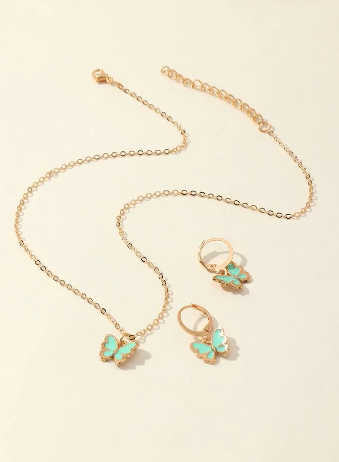 Take Two Girls Green Butterfly Charm Necklace and Earring Set