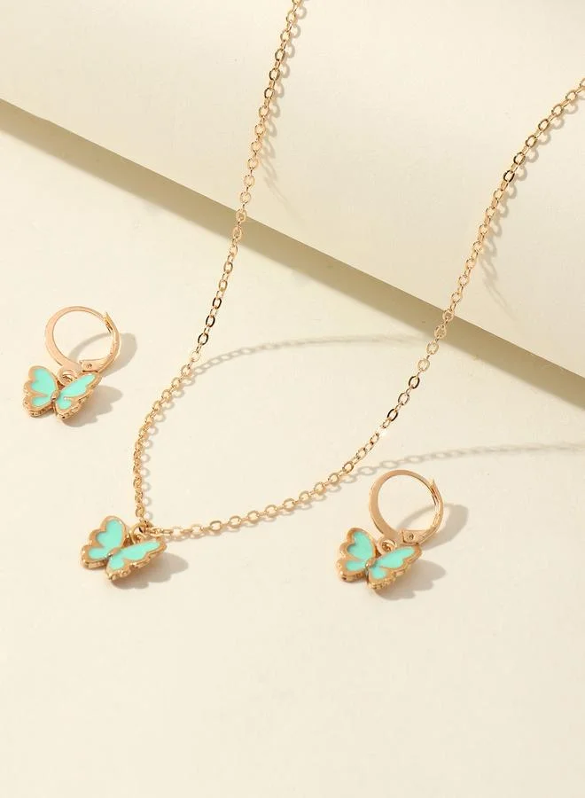 Girls Green Butterfly Charm Necklace and Earring Set