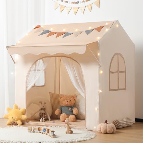 besrey Kids Play Tent with Eave Toddler Tent 2 in 1 with Padded Mat and Lights Large Playhouse with 2 Doors 2 Windows Indoor Outdoor Christmas Toddler Playhouse 51 x35 x 47 - Image 1