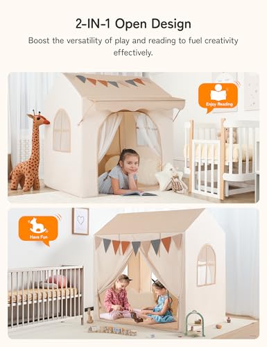 besrey Kids Play Tent with Eave Toddler Tent 2 in 1 with Padded Mat and Lights Large Playhouse with 2 Doors 2 Windows Indoor Outdoor Christmas Toddler Playhouse 51 x35 x 47 - Image 5