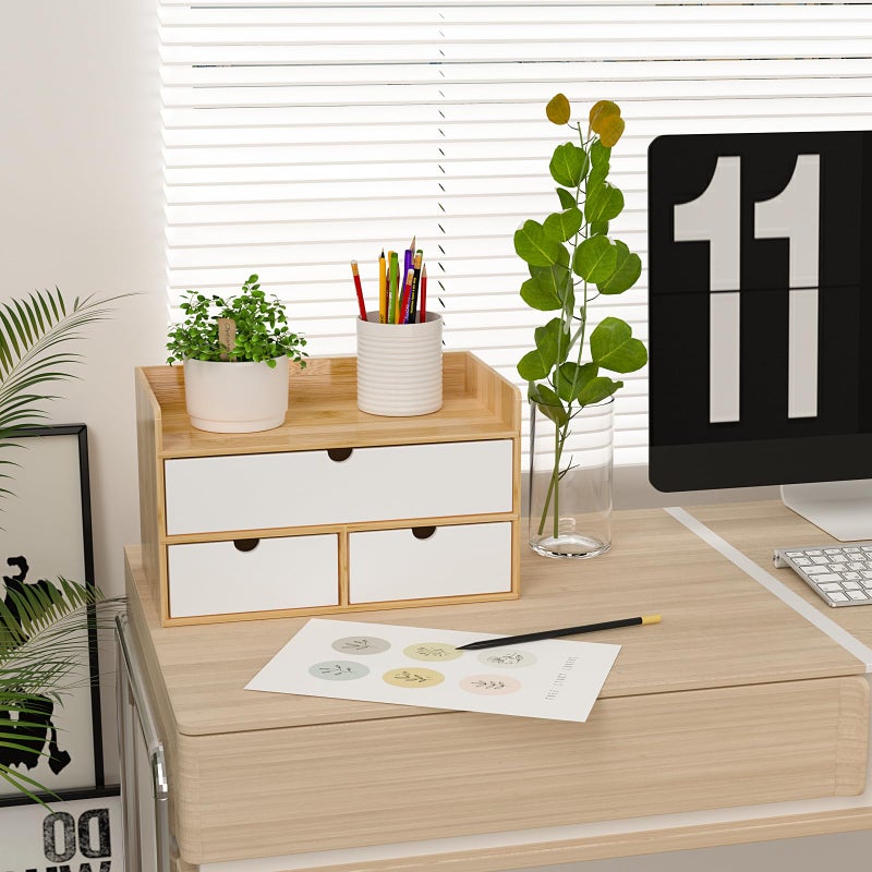 Wisuce Desk Organizer with Drawers - Bamboo Desktop Organizer Storage | Natural-White Wood Desk Drawers Organizer for Bills, Office Supplies, Cosmetics, Seals No Assembly Required - Image 3