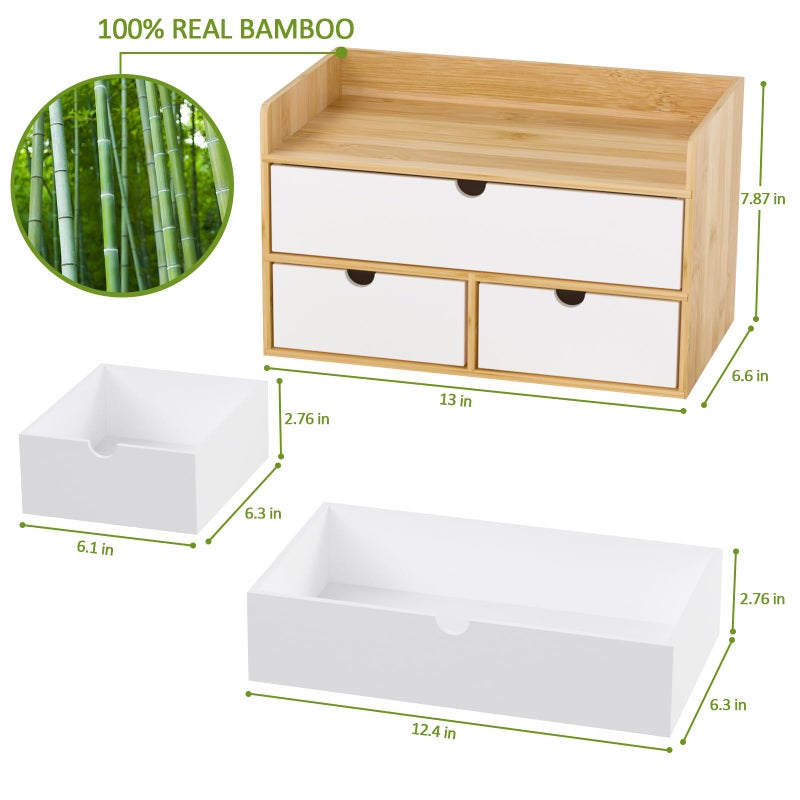 Wisuce Desk Organizer with Drawers - Bamboo Desktop Organizer Storage | Natural-White Wood Desk Drawers Organizer for Bills, Office Supplies, Cosmetics, Seals No Assembly Required - Image 5