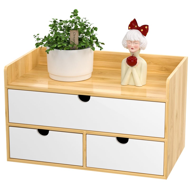 Wisuce Desk Organizer with Drawers - Bamboo Desktop Organizer Storage | Natural-White Wood Desk Drawers Organizer for Bills, Office Supplies, Cosmetics, Seals No Assembly Required - Image 1