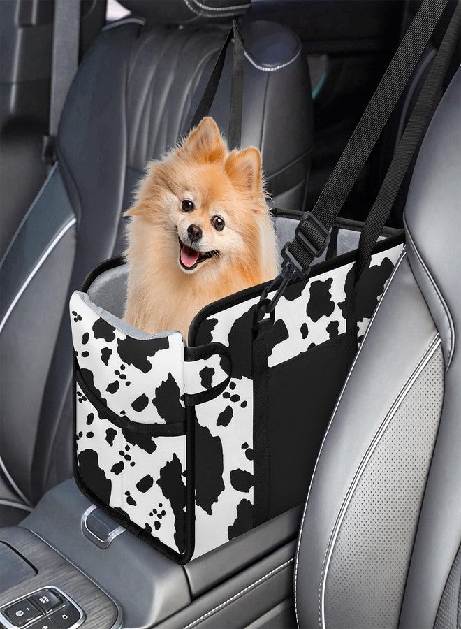 NECKORY Portable Dog Car Seat for Small Dogs - Adjustable Safety Leash, Washable Cushion & Storage Pocket - Pet Booster Seat for Car Travel- Cow Pattern - Image 1