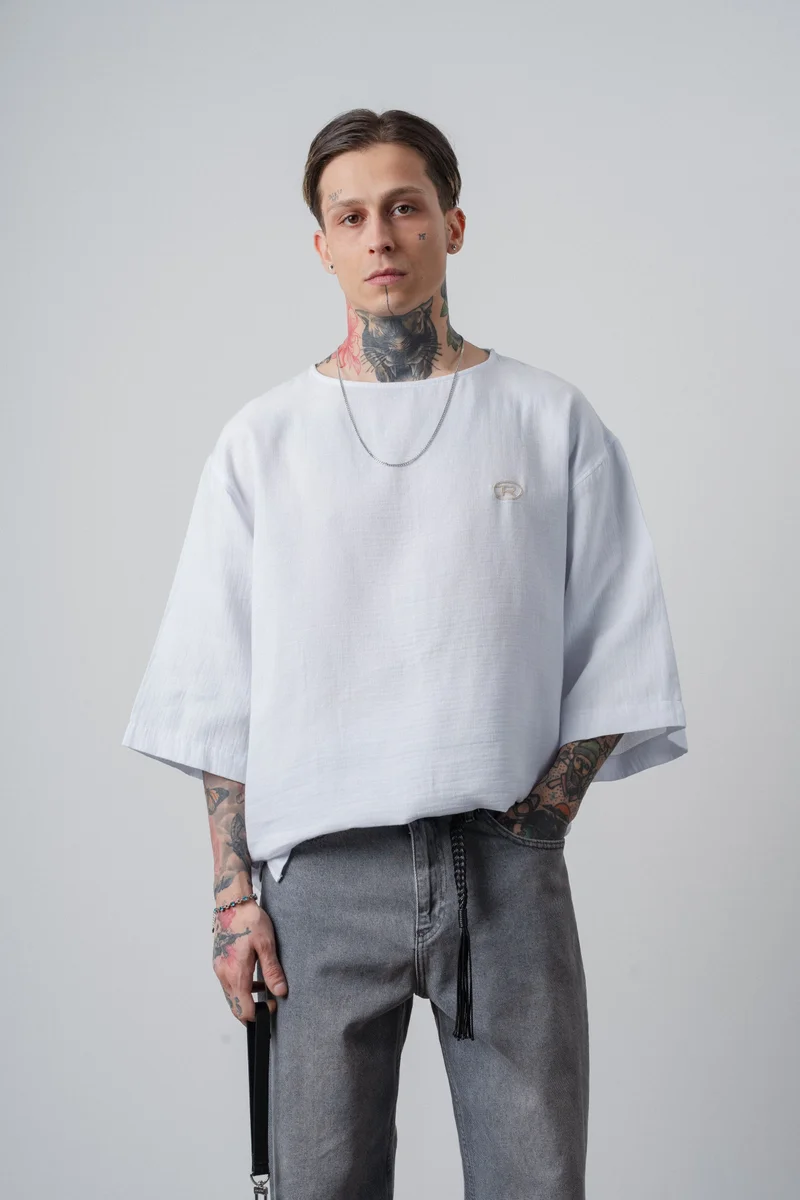 Respire Men's R Embroidered Poor Sleeve Muslin Oversize T-Shirt White