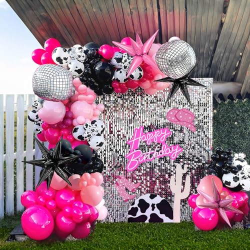 froufing Hot Pink and Black Cowgirl Balloon garland Arch Kit 101Pcs with mylar foil Disco Ball Cow print Balloons for Girl birthday bachelorette party Decorations - Image 1