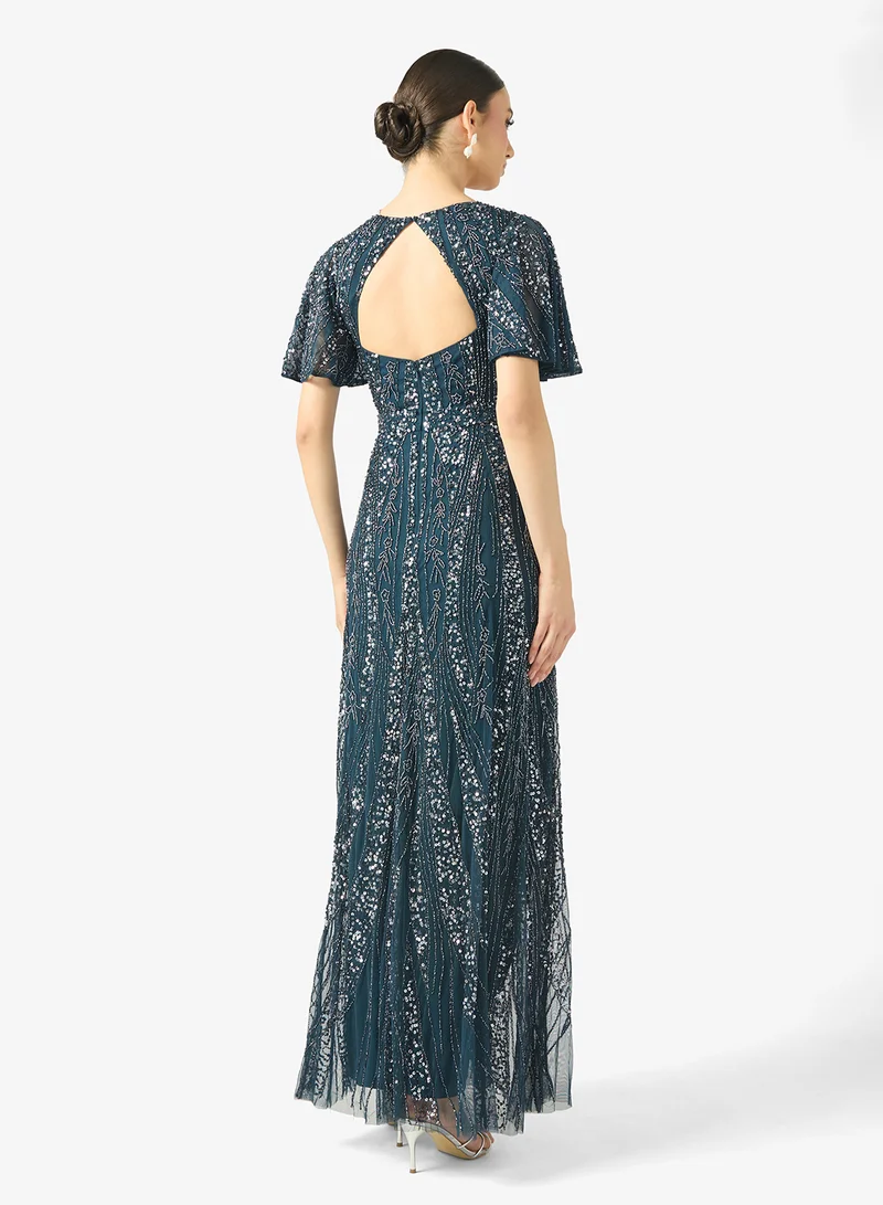 BEAUUT Lamya Embellished V Neck Sequin Maxi Dress