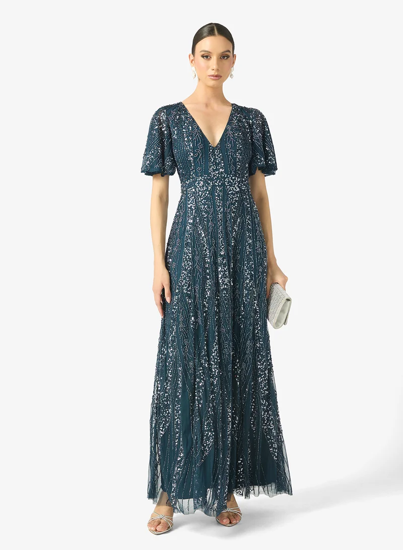 BEAUUT Lamya Embellished V Neck Sequin Maxi Dress