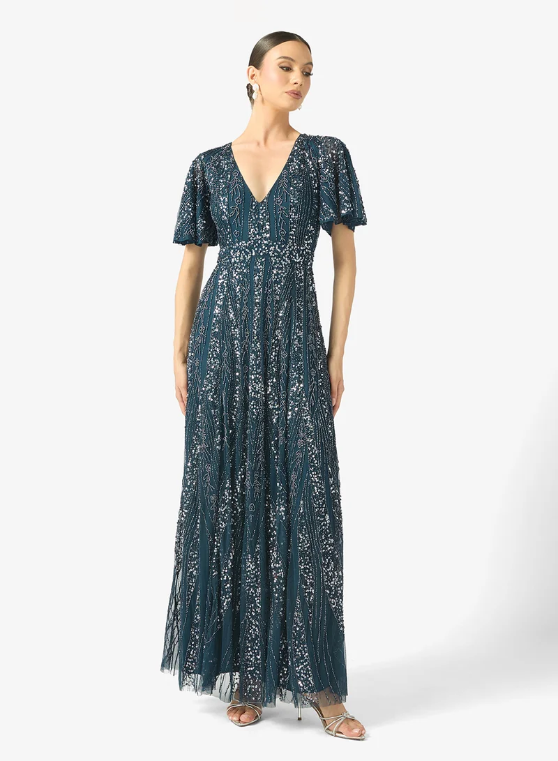BEAUUT Lamya Embellished V Neck Sequin Maxi Dress