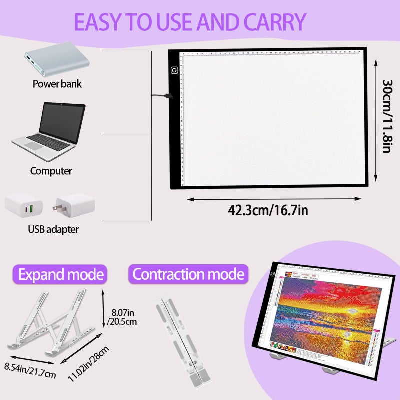 DNSGOOR 244Pcs All Inclusive Diamond Art Accessories Kit Diamond Painting A3 LED Light Pad Set with Diamond Art Sealer Glue Stand Storage Case Pens 5D Painting Tools for DIY Drill Craft - Image 2