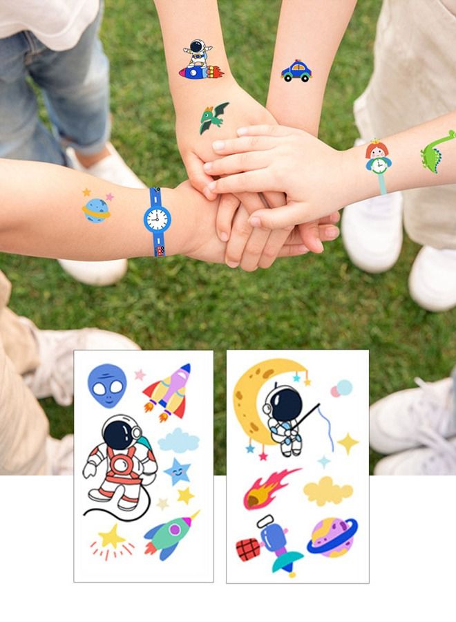 2 Children tattoo stickers in the shape of planet and spaceman with multiple designs
