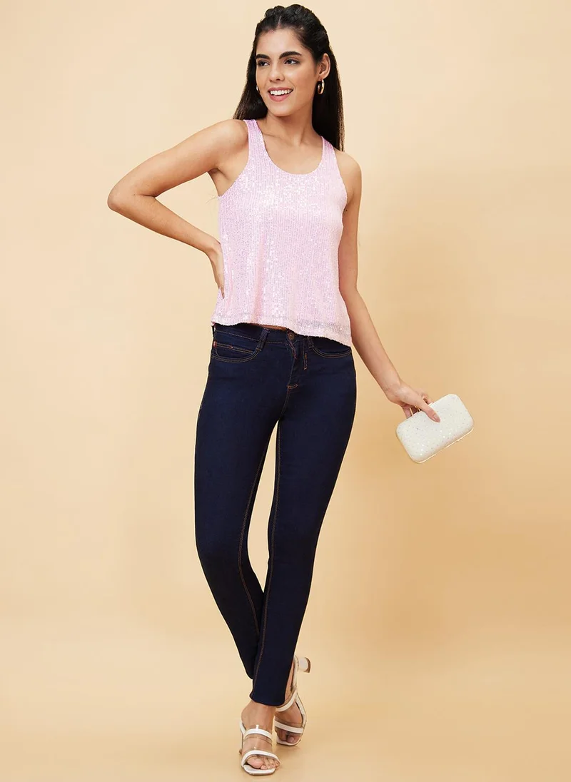 globus Globus Women Pink Embellished Round Neck Sequined Party Top