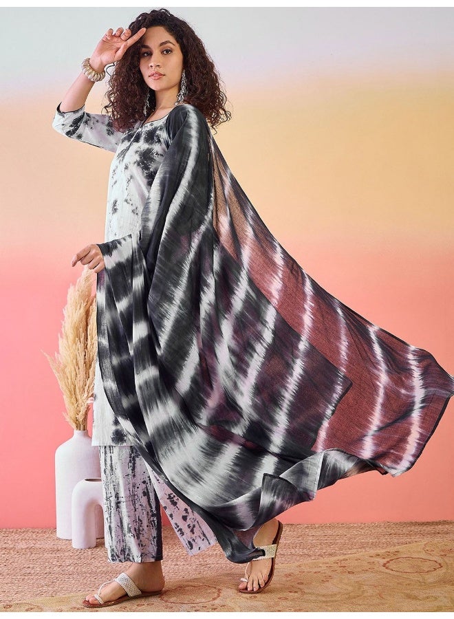 AKS Black & White Tie-Dye Kurta Set With Dupatta - Image 1