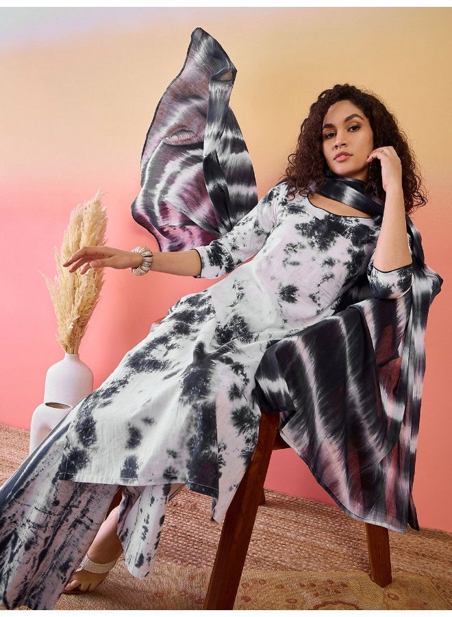 AKS Black & White Tie-Dye Kurta Set With Dupatta - Image 4