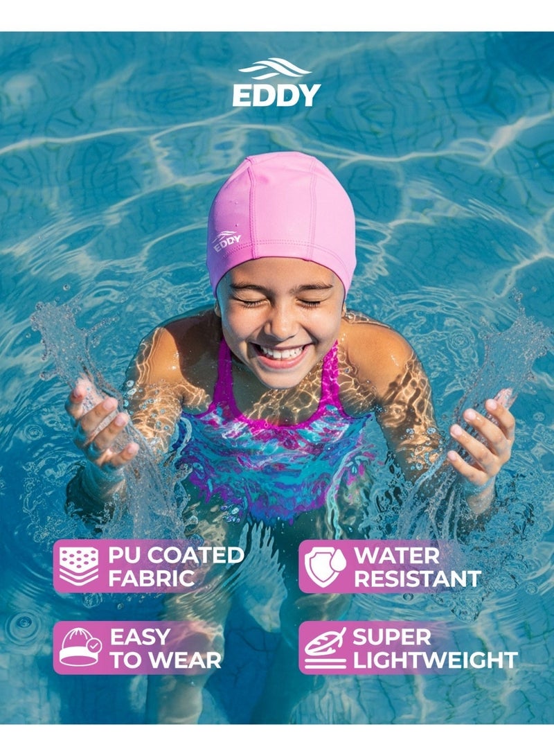 إيدي سبورتس قبعة السباحة للأطفال من EDDY – مصنوع من قماش مطلي بـ PU خفيف الوزن، مناسب للشعر الطويل، ناعم ومرن، مصمم للأولاد والبنات – مريح، متين، مقاوم للماء، سهل الارتداء – مثالي لدروس السباحة، وحمام السباحة، وأيام الشاطئ الممتعة - Image 2