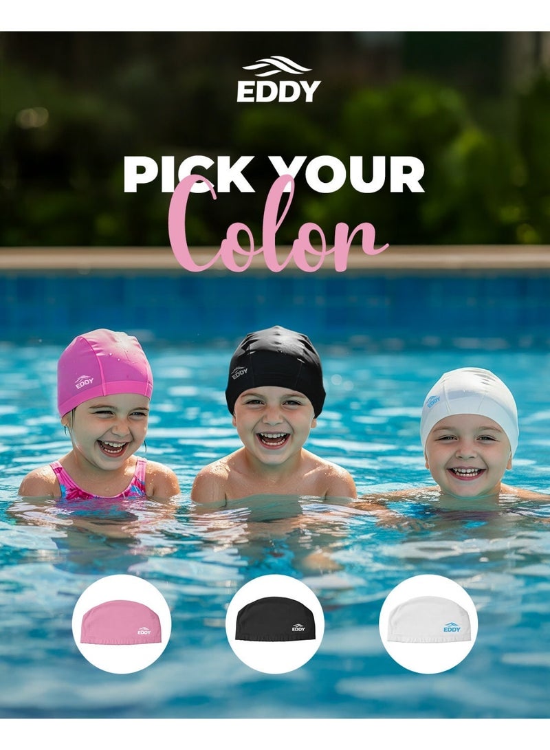 إيدي سبورتس قبعة السباحة للأطفال من EDDY – مصنوع من قماش مطلي بـ PU خفيف الوزن، مناسب للشعر الطويل، ناعم ومرن، مصمم للأولاد والبنات – مريح، متين، مقاوم للماء، سهل الارتداء – مثالي لدروس السباحة، وحمام السباحة، وأيام الشاطئ الممتعة - Image 3
