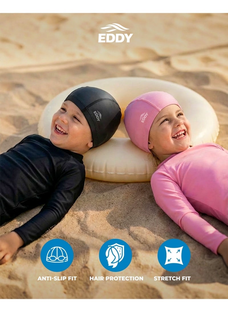 إيدي سبورتس قبعة السباحة للأطفال من EDDY – مصنوع من قماش مطلي بـ PU خفيف الوزن، مناسب للشعر الطويل، ناعم ومرن، مصمم للأولاد والبنات – مريح، متين، مقاوم للماء، سهل الارتداء – مثالي لدروس السباحة، وحمام السباحة، وأيام الشاطئ الممتعة - Image 4
