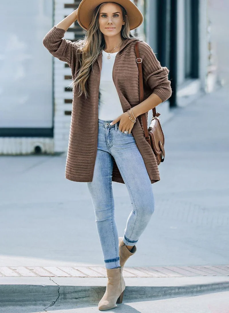 يونيكي Brown  Striped Longline Front-Open Hooded Sweaters