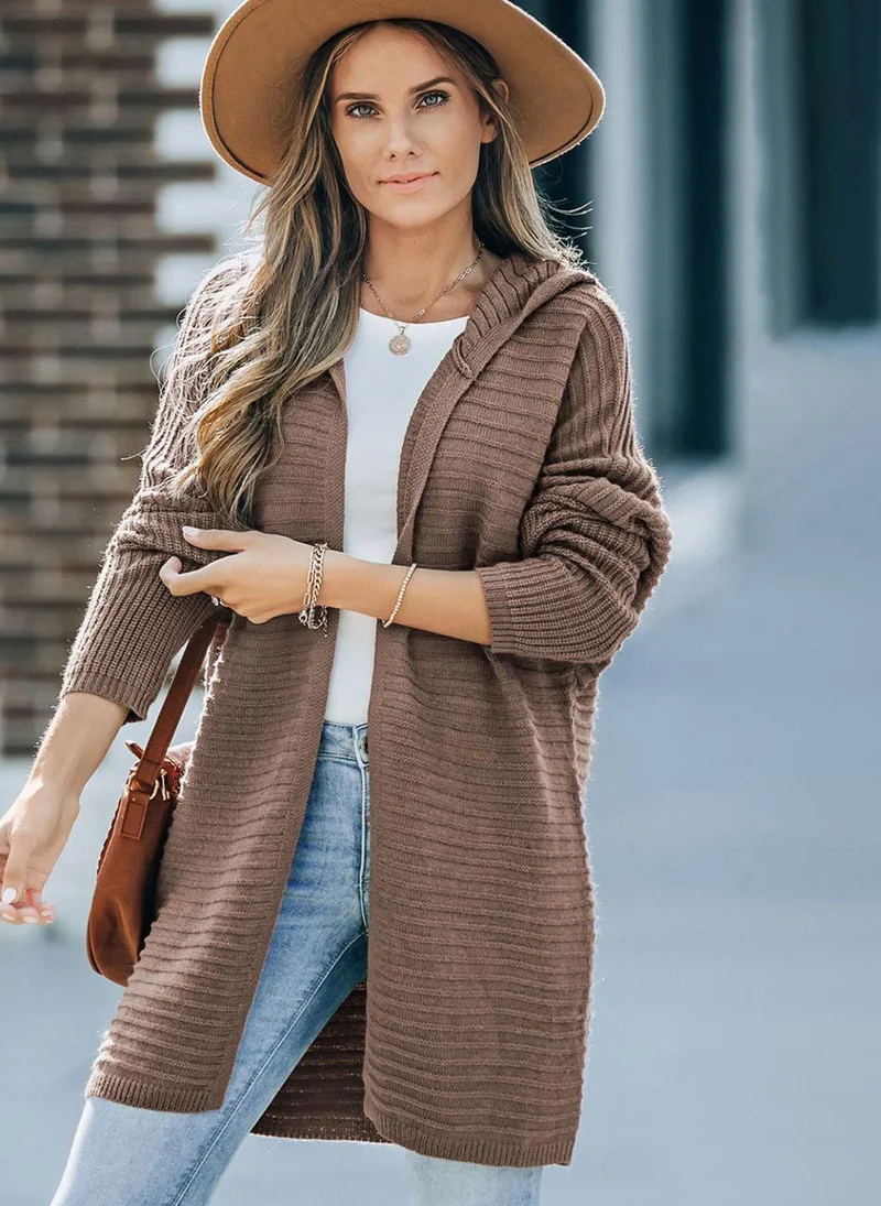 يونيكي Brown  Striped Longline Front-Open Hooded Sweaters