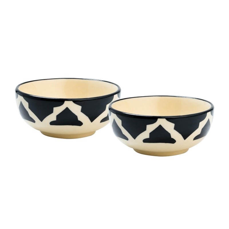 Sugalsu Handmade Ceramic Bowl Microwave Safe 125ML with Black Umrao Printed Pattern Perfect for Soups Cereals Noodles Snacks Dal Curry and Dining Tableware Set of 2 Bowls - Image 1