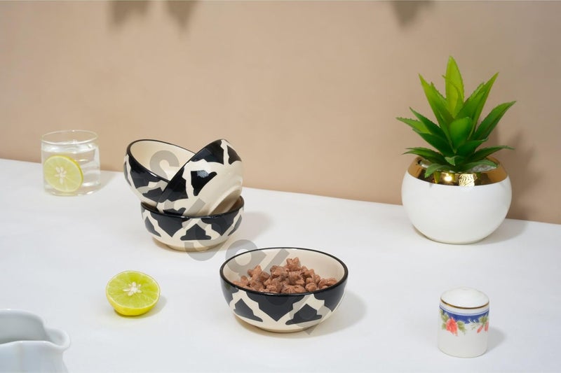 Sugalsu Handmade Ceramic Bowl Microwave Safe 125ML with Black Umrao Printed Pattern Perfect for Soups Cereals Noodles Snacks Dal Curry and Dining Tableware Set of 2 Bowls - Image 5