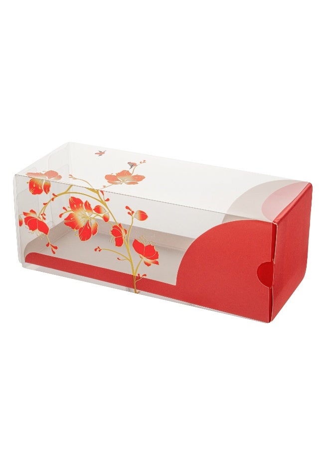 Restaurantware 7 Inch x 2.5 Inch Clear Dessert Boxes, 100 Red Paper Sleeve Transparent Candy Boxes - Bird Accent, No Grease Lining, Clear Plastic Clear Favor Boxes, Crack Resistant, Disposable  - Image 1