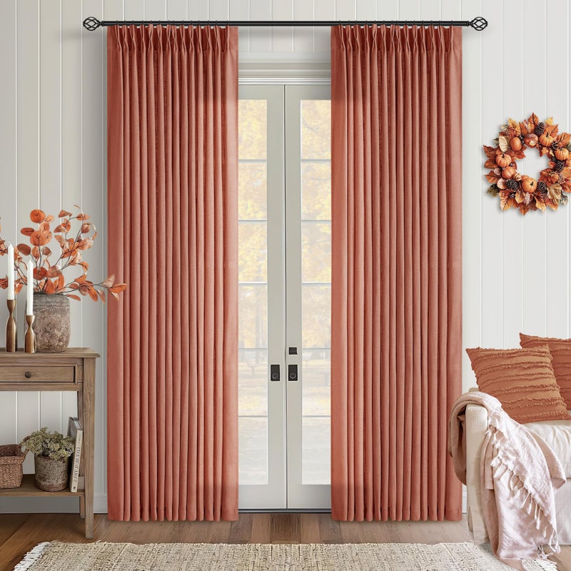 TWODRAPES Pinch Pleated Terracotta Linen Curtains 84 Inches Long 2 Panels Set for Living Room Dining Pinch Pleat Back Tab Light Filtering Farmhouse Boho Retro Window Curtain Drapes Red Clay Autumn Fall Decor - Image 1