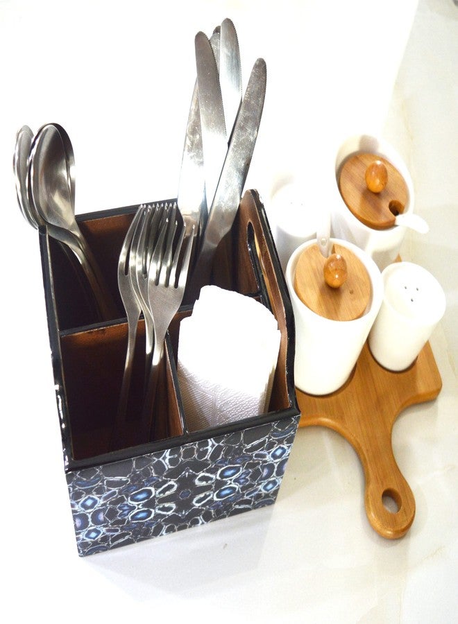 Tranquil Square | Handcrafted | Premium Finish | Glossy Blue Four Rack Wooden Cutlery Stand | - Image 5