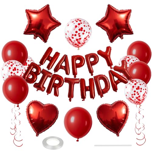 WEIKA 27 Pcs Red Birthday Decorations 3D Foil Red Happy Birthday Balloon Banner Pentagram Heart Foil Balloons Confetti Balloons Kit For Boys Girls Birthday Party Supplies - Image 1