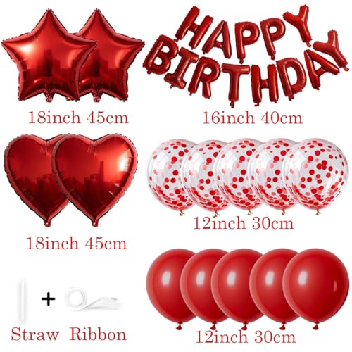 WEIKA 27 Pcs Red Birthday Decorations 3D Foil Red Happy Birthday Balloon Banner Pentagram Heart Foil Balloons Confetti Balloons Kit For Boys Girls Birthday Party Supplies - Image 5